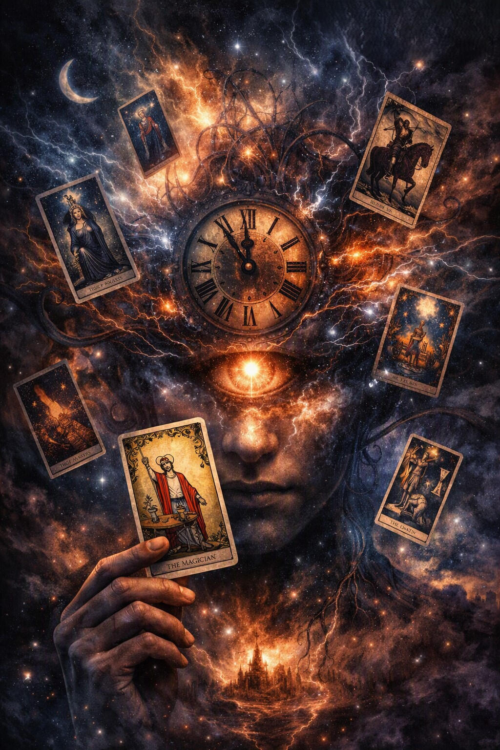 Cosmic tarot card reading illustration with a glowing third eye, mystical nebula, central clock face, and a hand holding the Magician card for shadow work intuitive guidance.
